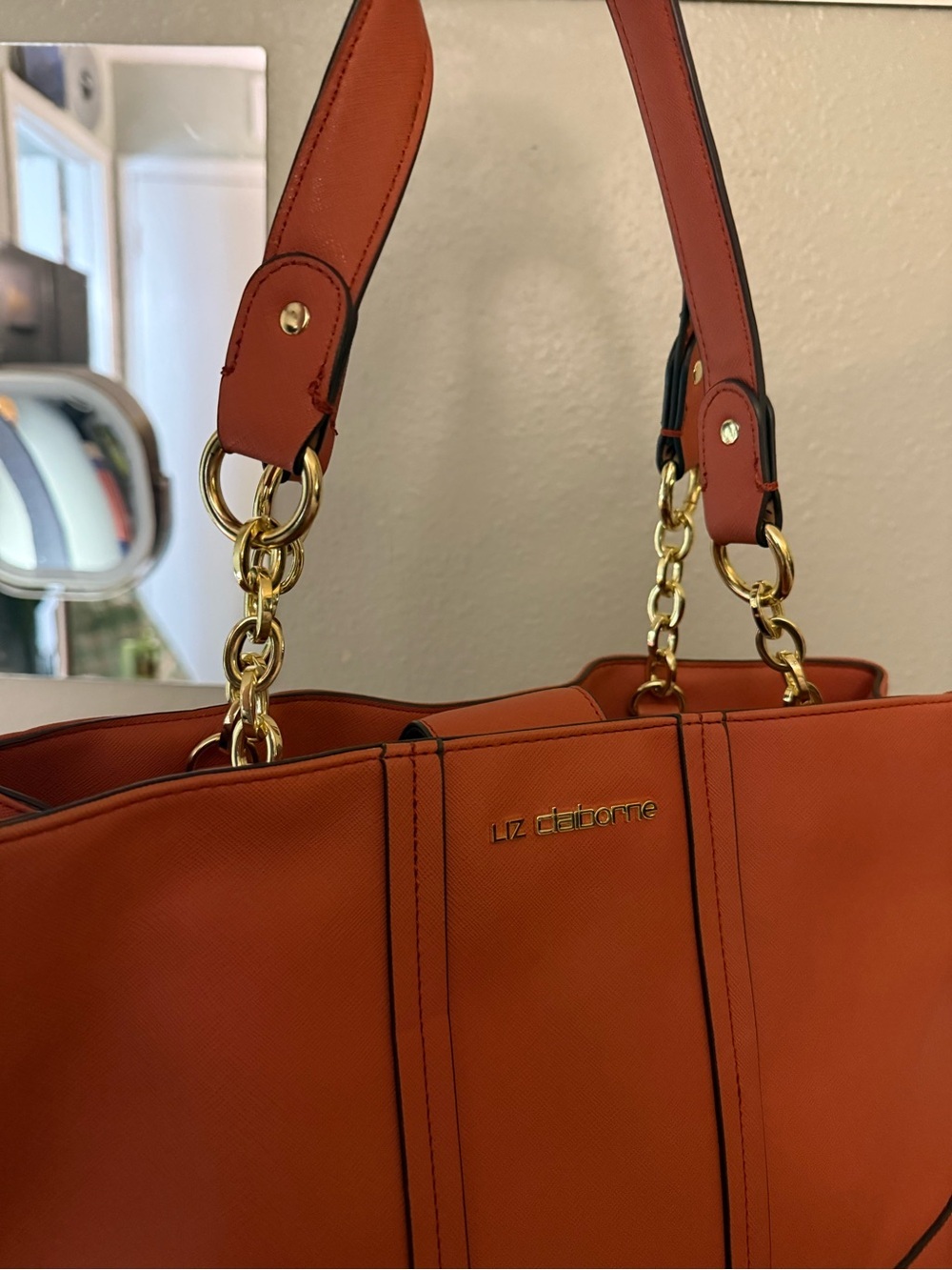 Liz Claiborne Coral Orange Structured Tote Shoulder Bag - Picture 3 of 9